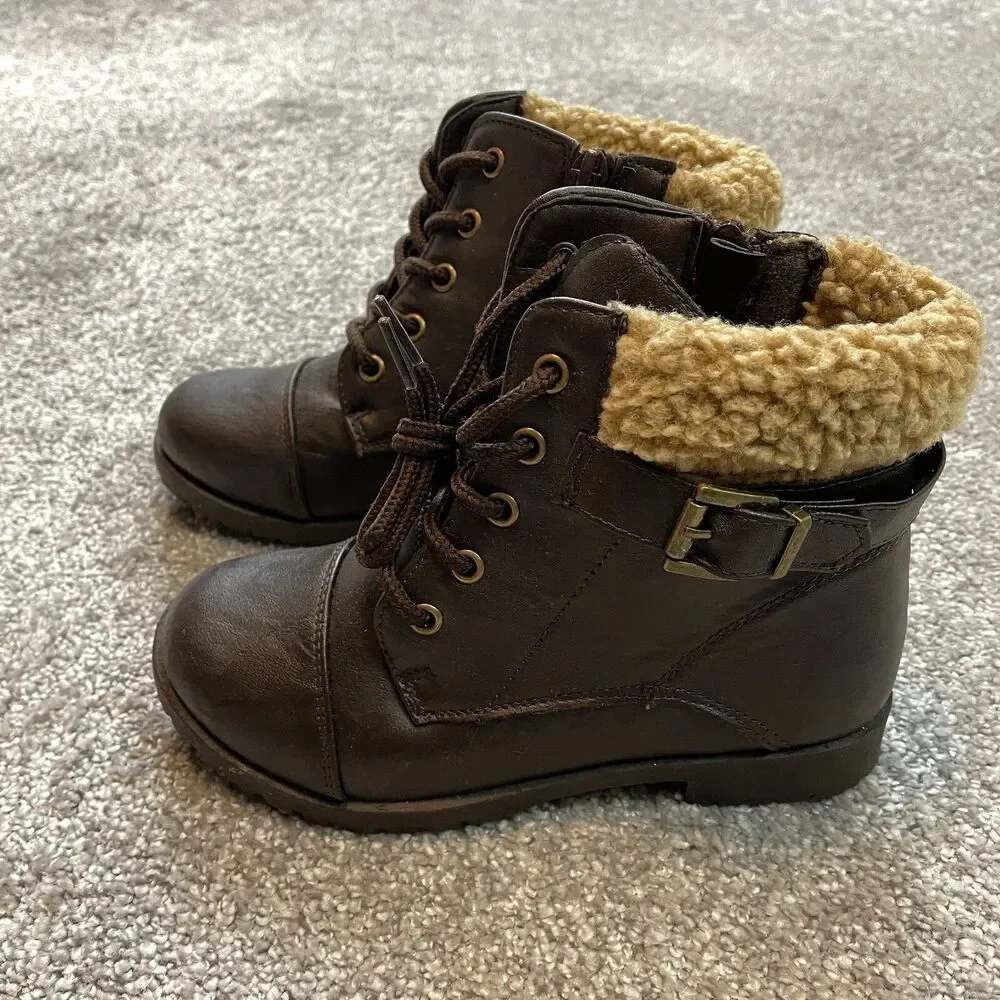 Wanted Girls Size 1 Boots Dark Brown Lace-up with Side Zipper Betsy Ankle Sherpa